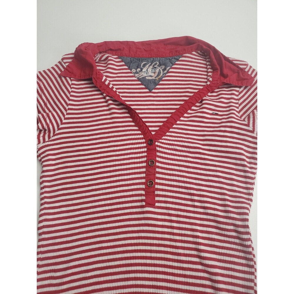 Tommy Hilfiger‎ Women's  Short Sleeve V-Neck 1/4 Button Up Striped Blouse, L